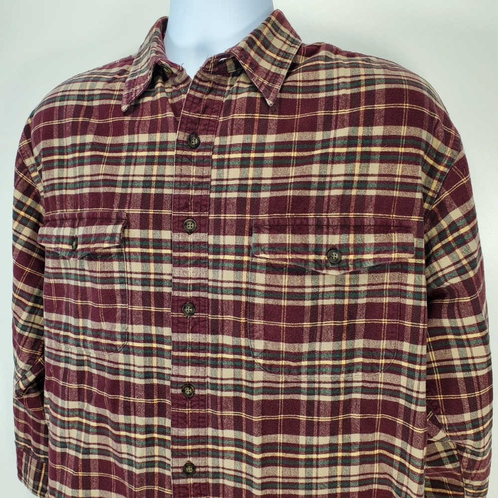 Vintage Eddie Bauer Mens M Flannel Button Up Shirt Maroon Plaid Long‎ Cotton